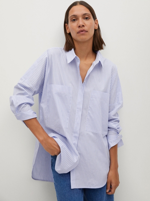 

MANGO Women Blue & White Striped Regular Fit Cotton Casual Sustainable Shirt