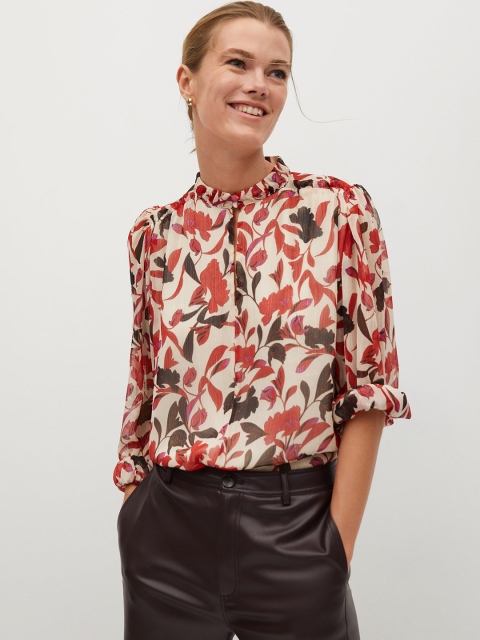 

MANGO Women Off-White & Red Printed Top