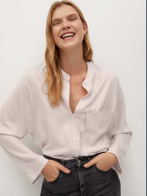 

MANGO Women White & Brown Sustainable Regular Fit Solid Casual Shirt
