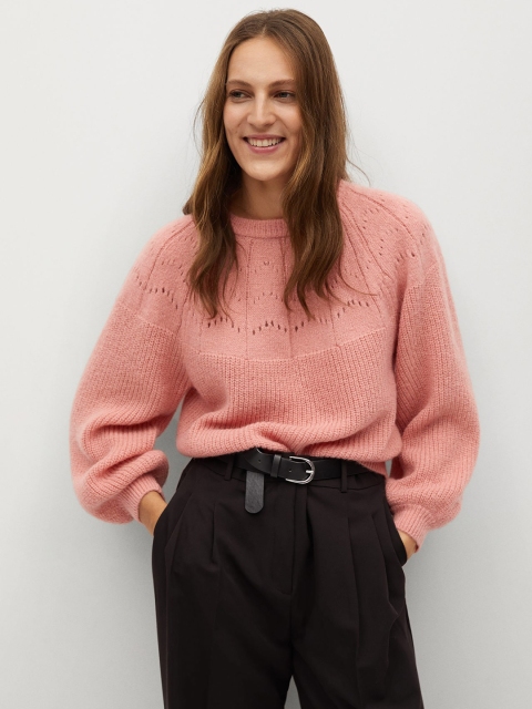 

MANGO Women Pink Self Design Pullover Sweater