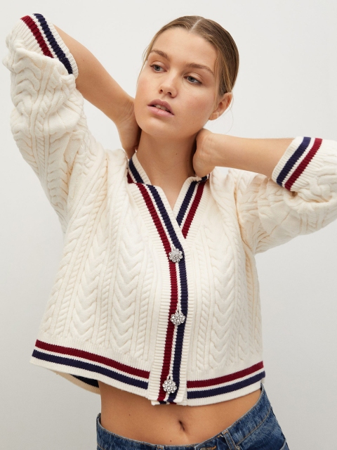 

MANGO Women Off-White Self Design Cardigan Sweater