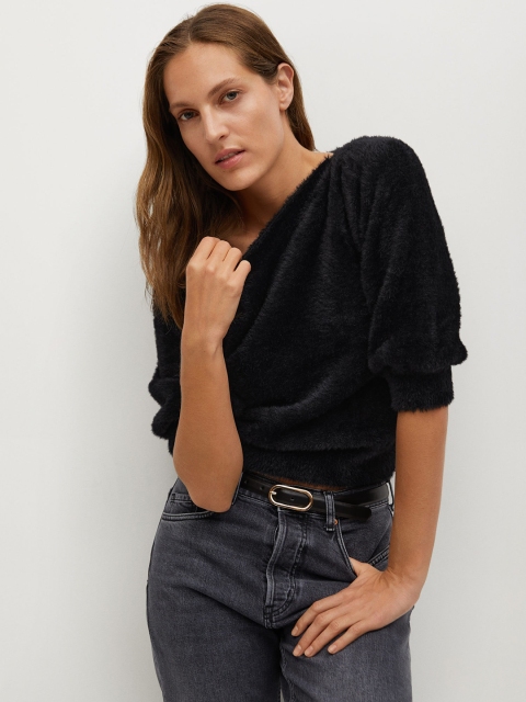 

MANGO Women Black Faux Fur Solid Pullover