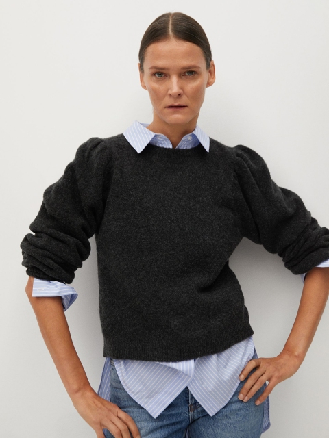 

MANGO Women Charcoal Grey Solid Puff Sleeves Pullover Sweater