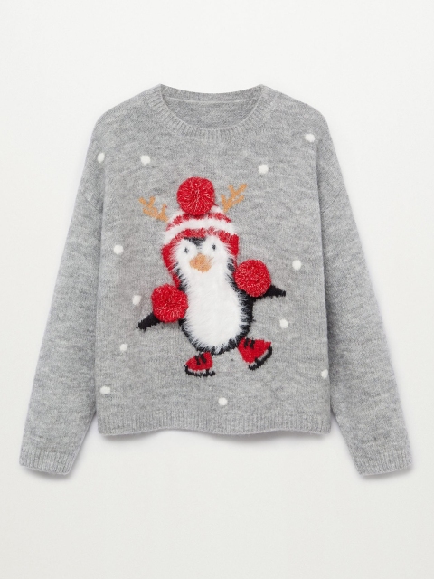 

Mango Kids Girls Grey Melange & Red Fuzzy Penguin Pattern Sweater