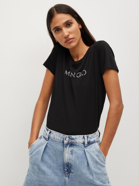 

MANGO Women Black Organic Cotton Printed Round Neck T-shirt