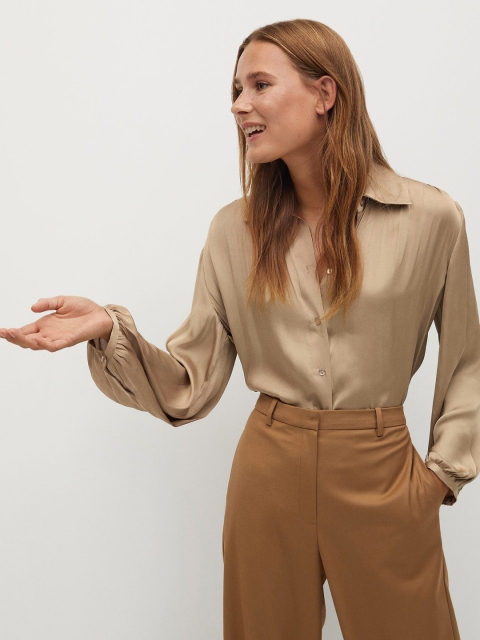

MANGO Women Beige Satin Finish Regular Fit Solid High-Low Shirt
