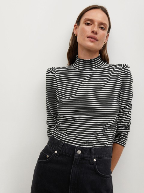 

MANGO Women Black & White Organic Cotton Striped Top