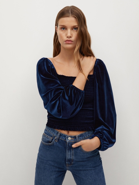 

MANGO Women Navy Blue Solid Sheen Fitted Crop Top with Velvet Finish