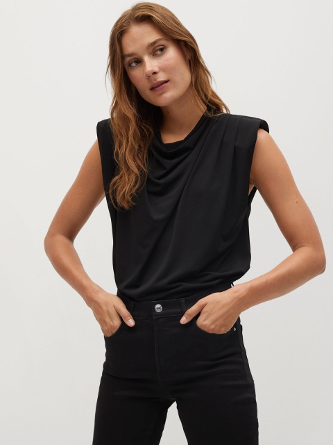 

MANGO Women Black Solid Top with Shoulder Pads
