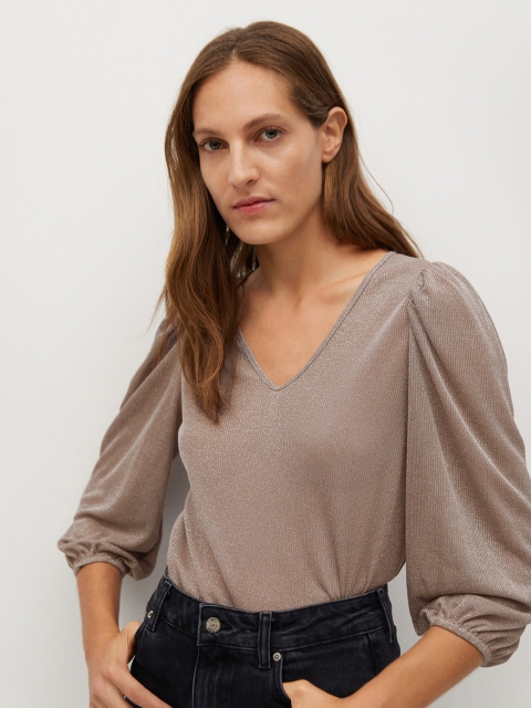 

MANGO Women Taupe Shimmer Effect Top