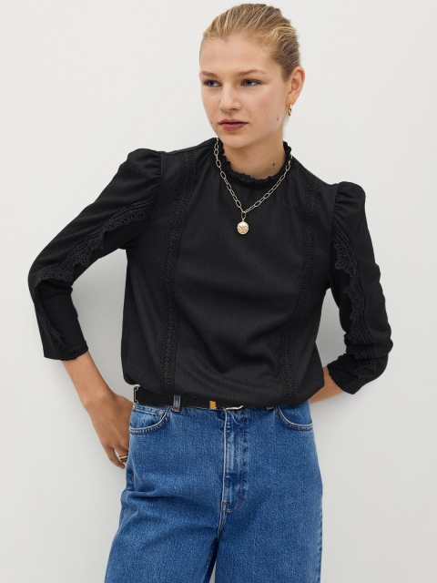

MANGO Women Black Smocked Detailed Solid Blouson Top