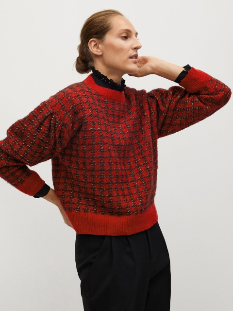 

MANGO Women Acrylic Maroon & Black Houndstooth Patterned Pullover