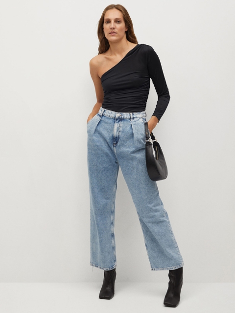 

MANGO Women Black Solid One Shoulder Ruched Detail Bodysuit