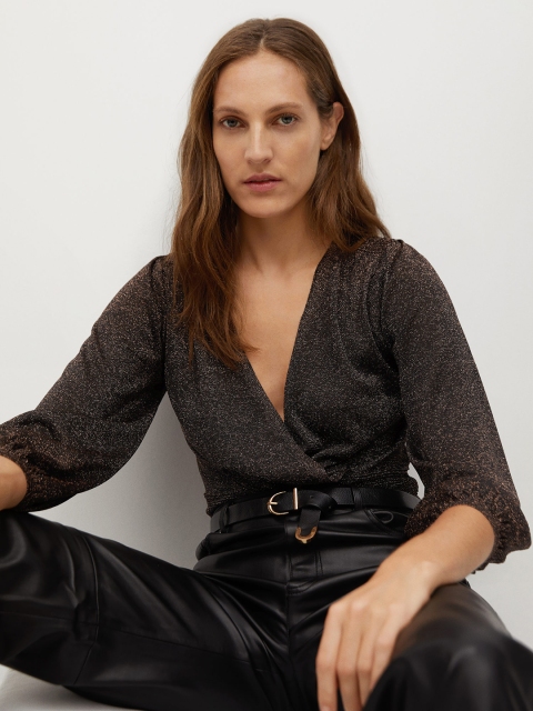 

MANGO Women Charcoal Grey Self Design Wrap Top