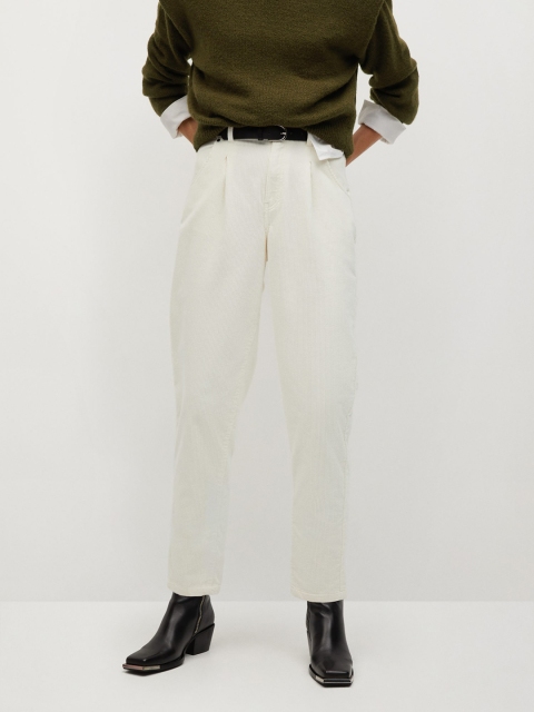 

MANGO Women Off-White Sustainable Slouchy Fit Solid Corduroy Baggy Trousers