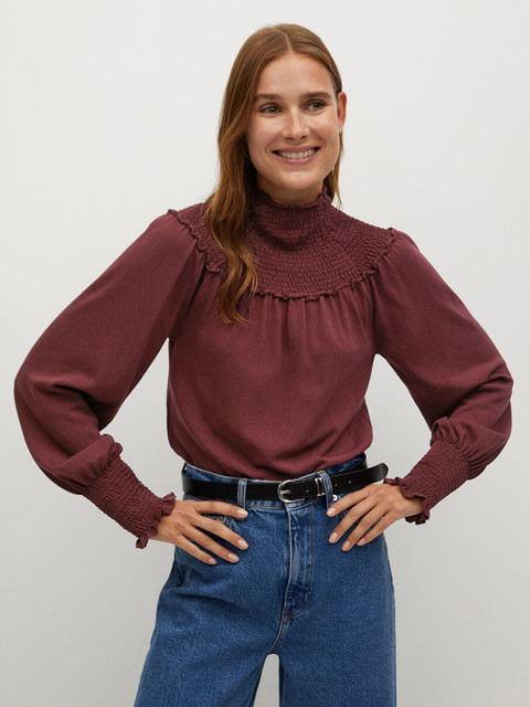 

MANGO Women Maroon Solid Ruching Detail Winter Top