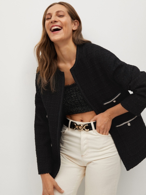

MANGO Women Black Tweed Self Design Open Front Jacket