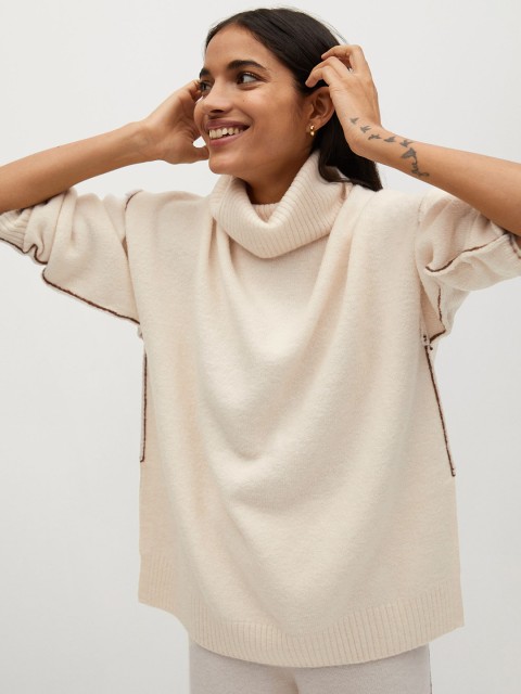

MANGO Women Off-White Solid Pullover Sweater