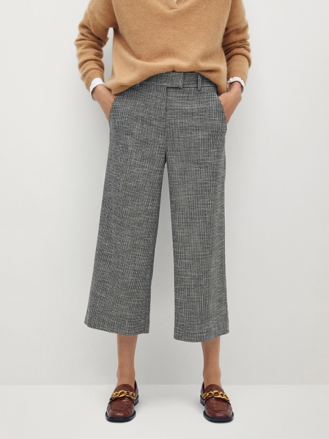 

MANGO Women Black & Grey Sustainable Regular Fit Checked Cropped Parallel Trousers