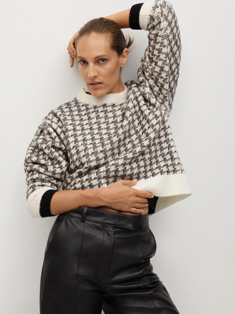 

MANGO Women Acrylic White & Black Houndstooth Patterned Pullover