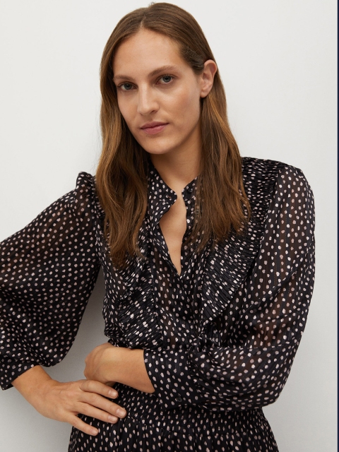 

MANGO Women Black & Pink Sustainable Dotted Print Victorian Style A-Line Top