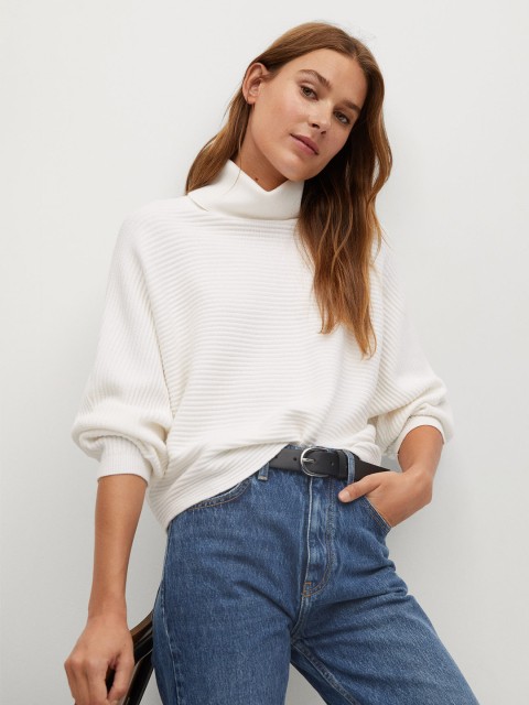 

MANGO Women White Self-Striped Oversize Pullover Sweater