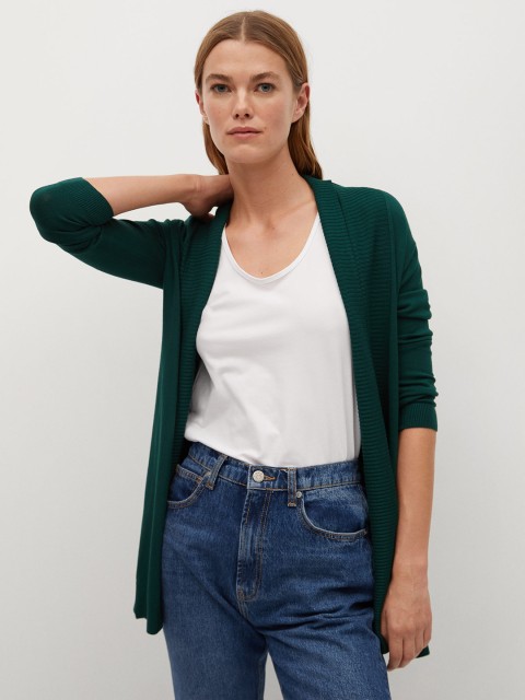 

MANGO Women GreenTurn Teal Green Solid Front-Open Sweater