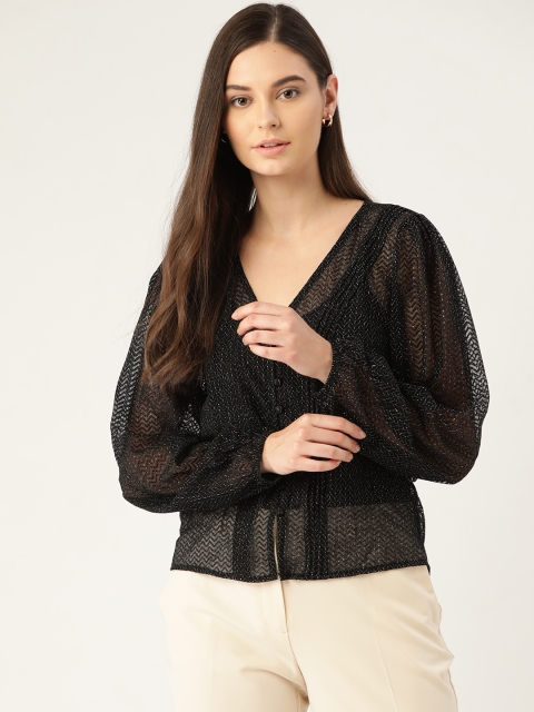 

MANGO Women Black Self-Striped Shimmer Sheer Top