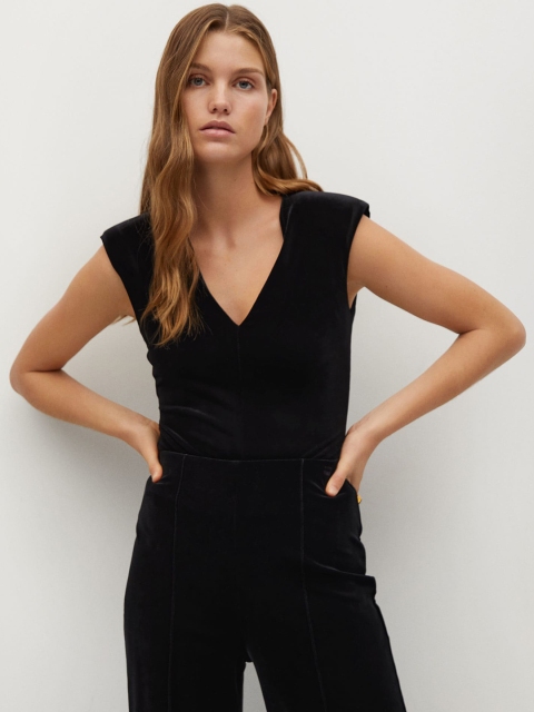 

MANGO Women Black Velvet Finish Solid Bodysuit