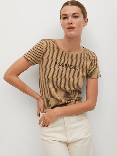 

MANGO Women Beige & Black Striped Organic Cotton Sustainable Round Neck T-shirt