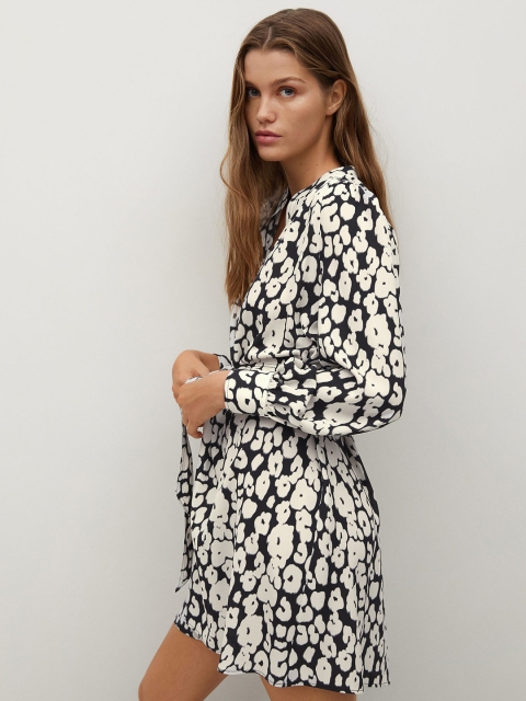 

MANGO Women Black & Off-White Animal Print A-Line Dress
