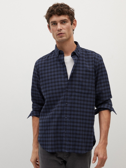 

MANGO MAN Men Navy Blue & Black Pure Cotton Sustainable Regular Fit Checked Casual Shirt