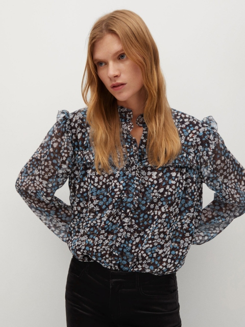 

MANGO Women Blue & Off-White Floral Print Top