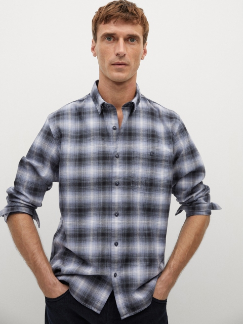 

MANGO MAN Blue & Off-White Sustainable Pure Cotton Checked Casual Shirt