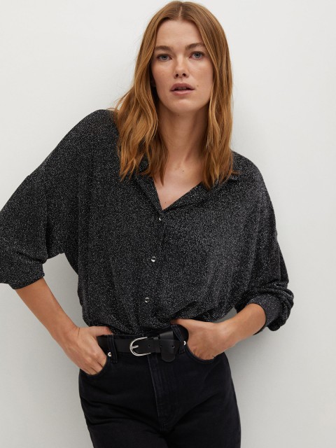 

MANGO Women Black Regular Fit Self Design Shimmer Casual Shirt