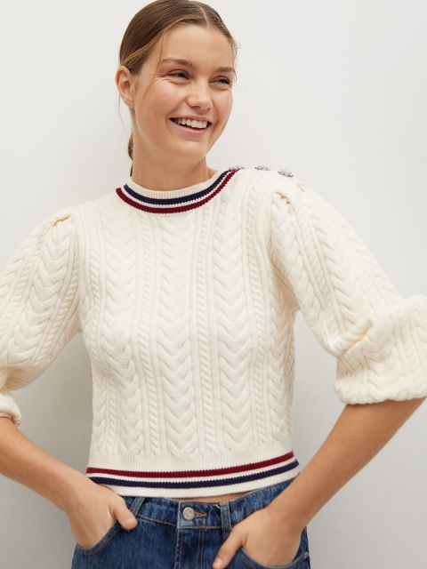 

MANGO Women Off-White Self Design Pullover Sweater