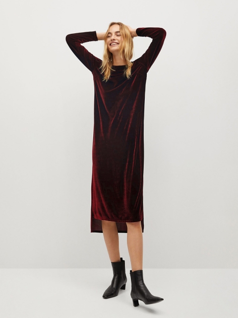 

MANGO Women Maroon Solid Velvet Sheath Dress