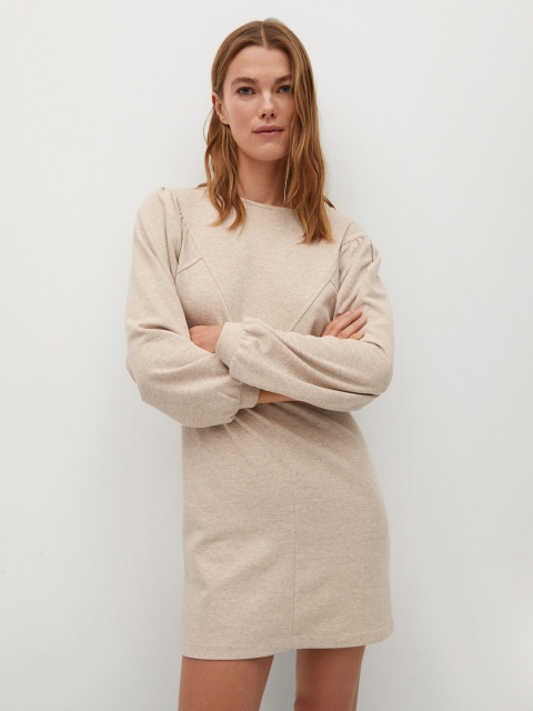 

MANGO Women Beige Solid Sheath Dress