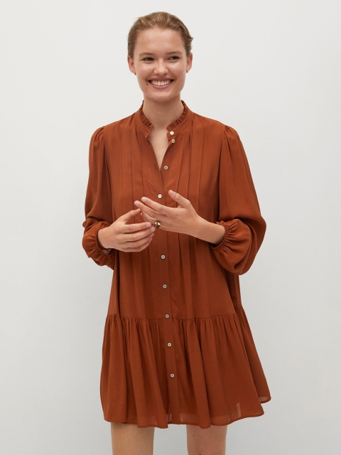 

MANGO Women Rust Red Pleated Solid A-Line Dress