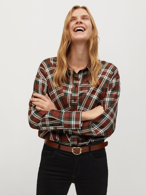 

MANGO Women Brown & Green Regular Fit Checked High-Low Casual Shirt