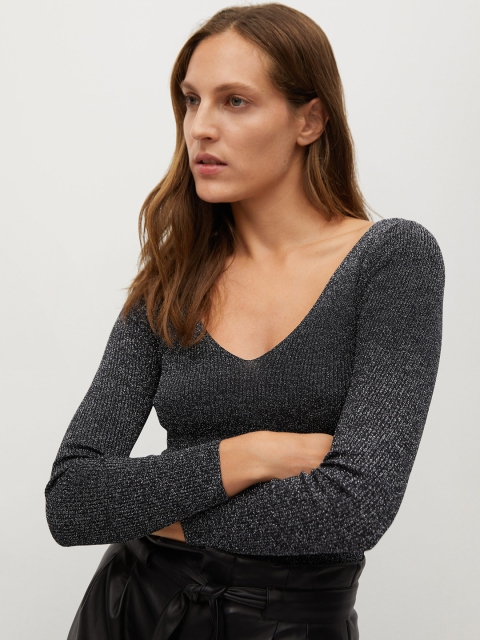 

MANGO Women Charcoal Grey Solid Shimmer Pullover Sweater