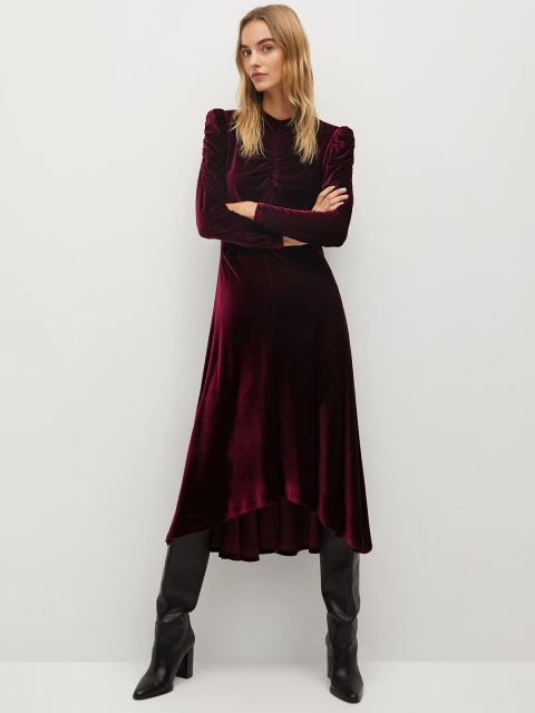 

MANGO Women Burgundy Velvet Finish Solid A-Line Dress