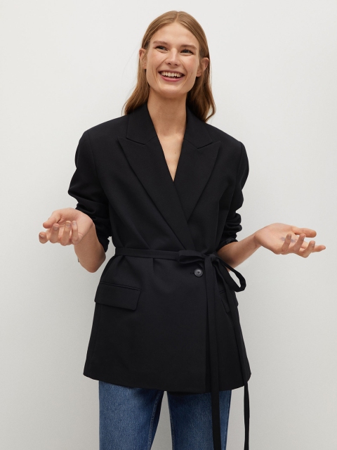 

MANGO Women Black Solid Regular Fit Single-Breasted Smart Casual Blazer With Belt