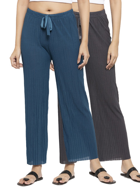 

NEUDIS Women Set Of 2 Blue & Grey Solid Wide Leg Palazzos