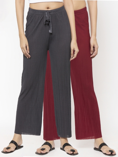 

NEUDIS Women Pack Of 2 Red & Grey Solid Straight-Leg Palazzos