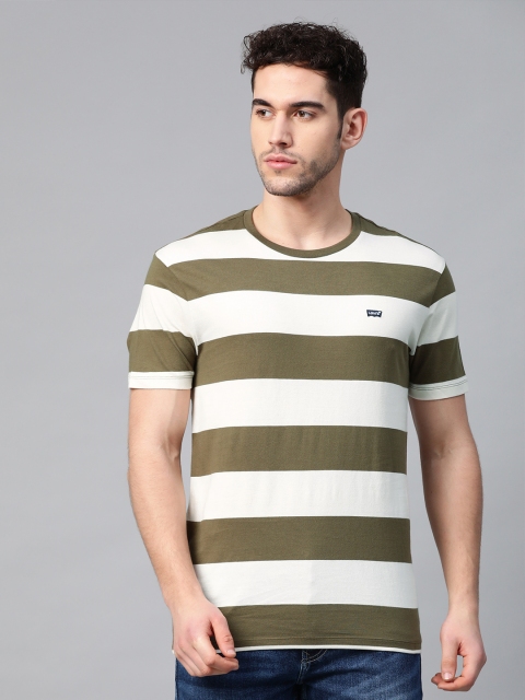 

Levis Men Off-White & Olive Green Pure Cotton Striped Round Neck T-shirt