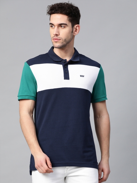 

Levis Men Navy Blue & White Pure Cotton Colourblocked Polo Collar T-shirt