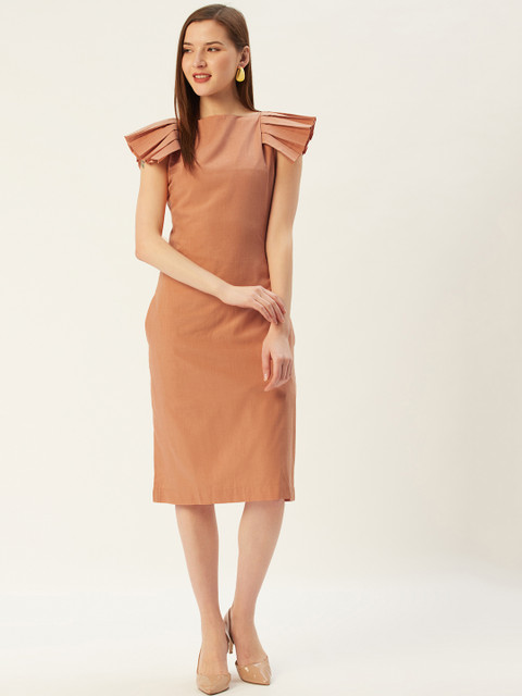 

HAIL WOMEN Women Coral Orange Cotton Solid Sheath Dress