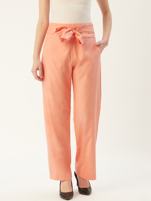 

HAIL WOMEN Women Peach-Coloured Regular Fit Solid Cotton Trousers