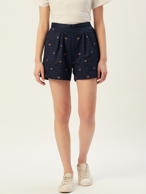 

HAIL WOMEN Women Navy Blue Checked Loose Fit Regular Shorts With Floral Print